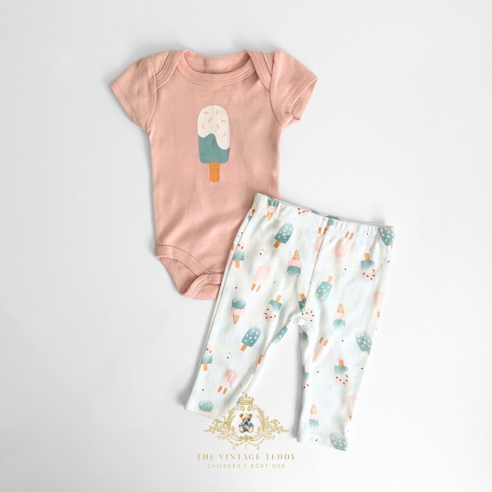 NWT Cute Girls 4 Piece Set Baby Onesies Shorts & Pants Ice Cream & Stripes 6M - Picture 2 of 4